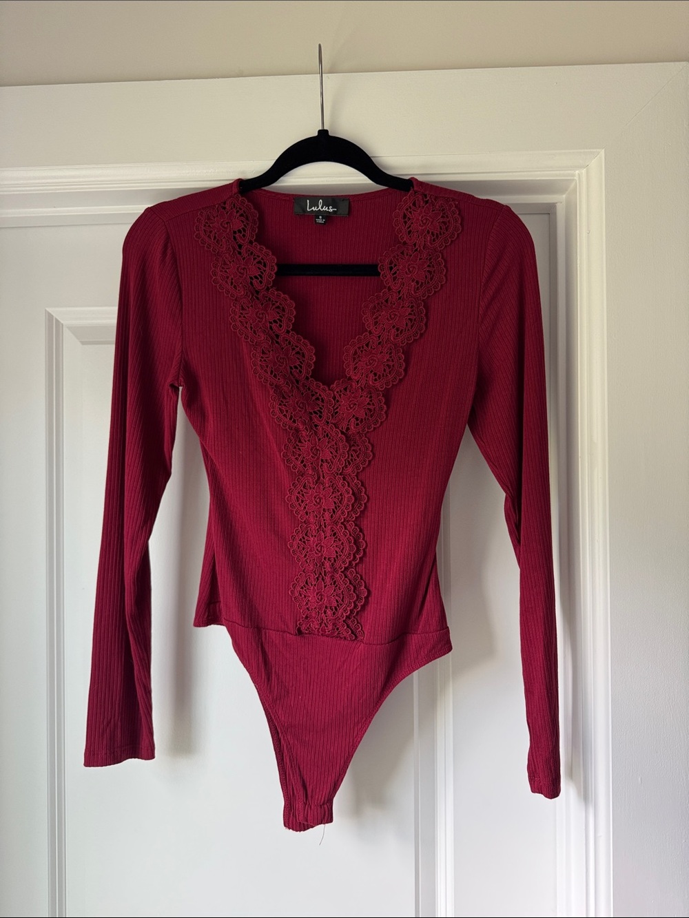 Lulu's Burgundy Lace-Trim Ribbed Long-Sleeve Bodysuit